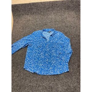 Adrienne Vittadini Blue White Polka Dot Button Down Blouse XL 3/4 Sleeve Top